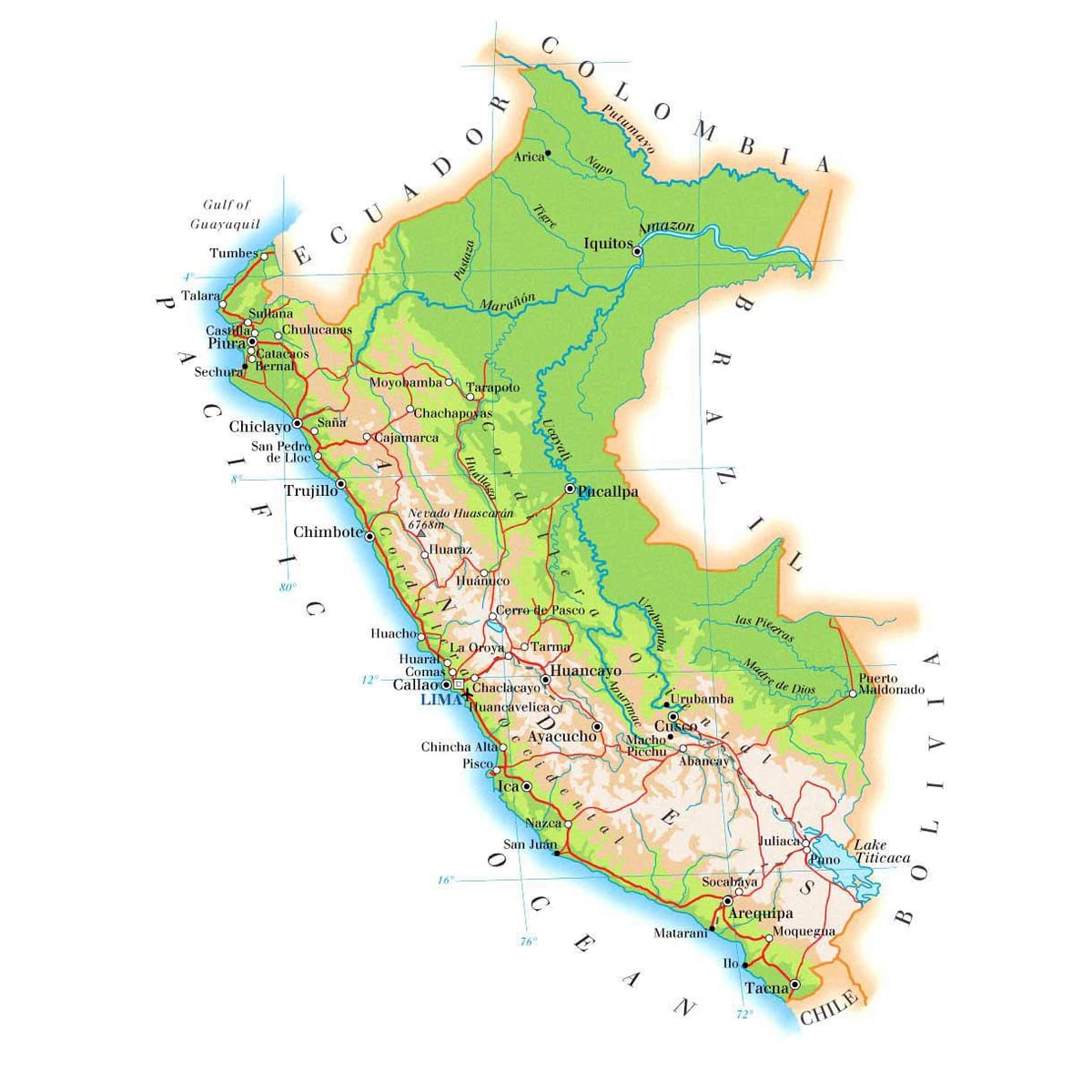 карта на физичката мапа на Перу